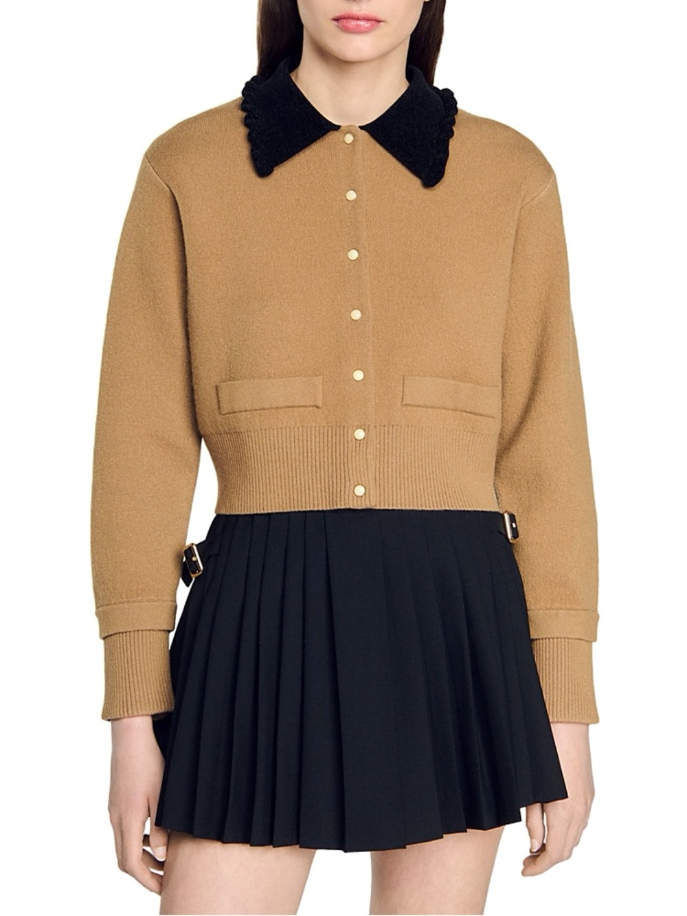 Sandro Camel Cropped Cardigan with Black Scalloped Collar